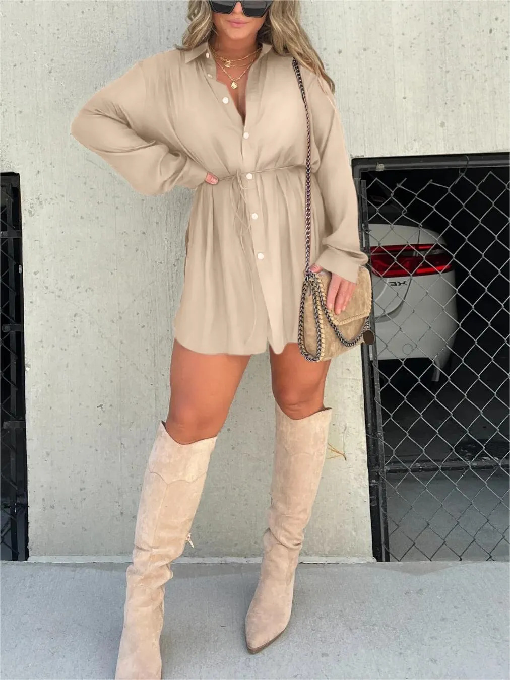 NOVA – Button-Up Shirt Dress with Tie Waist
