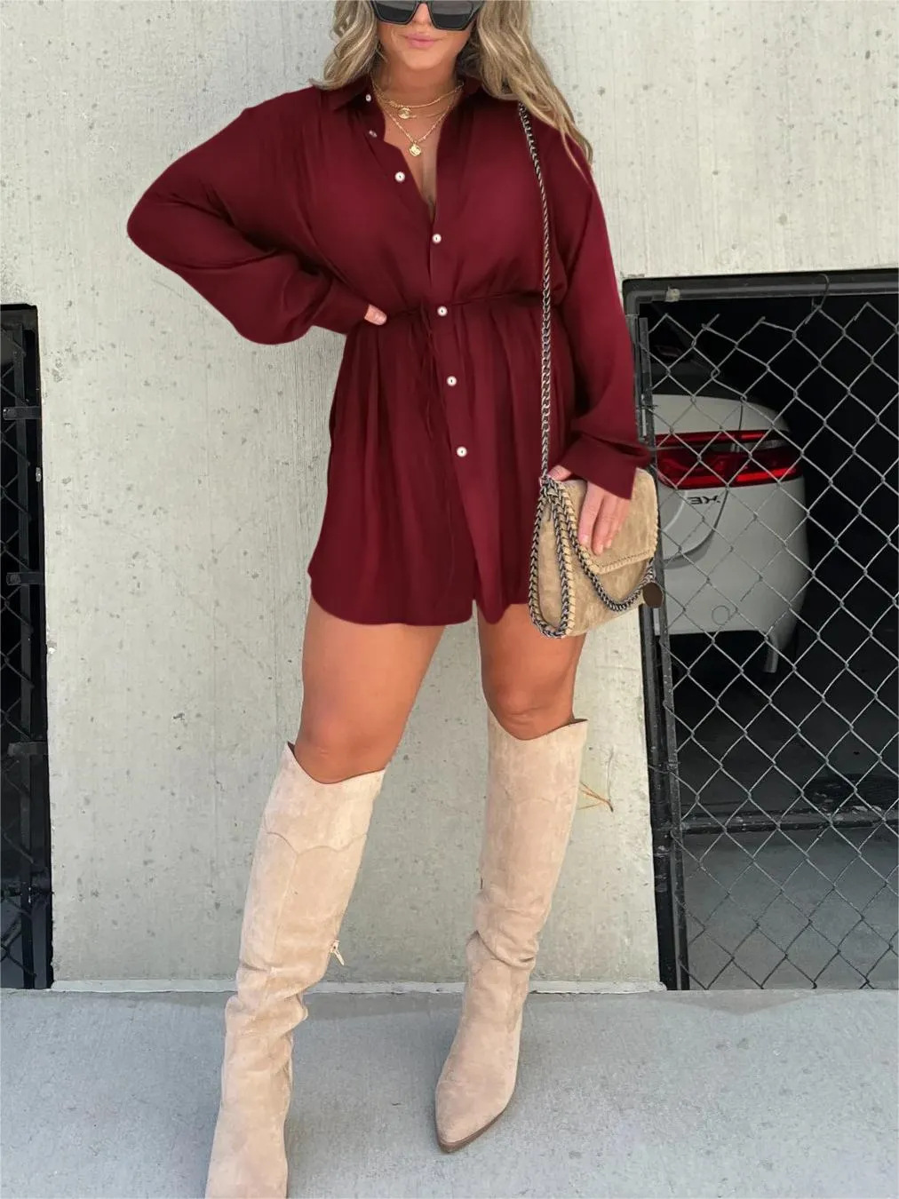 NOVA – Button-Up Shirt Dress with Tie Waist